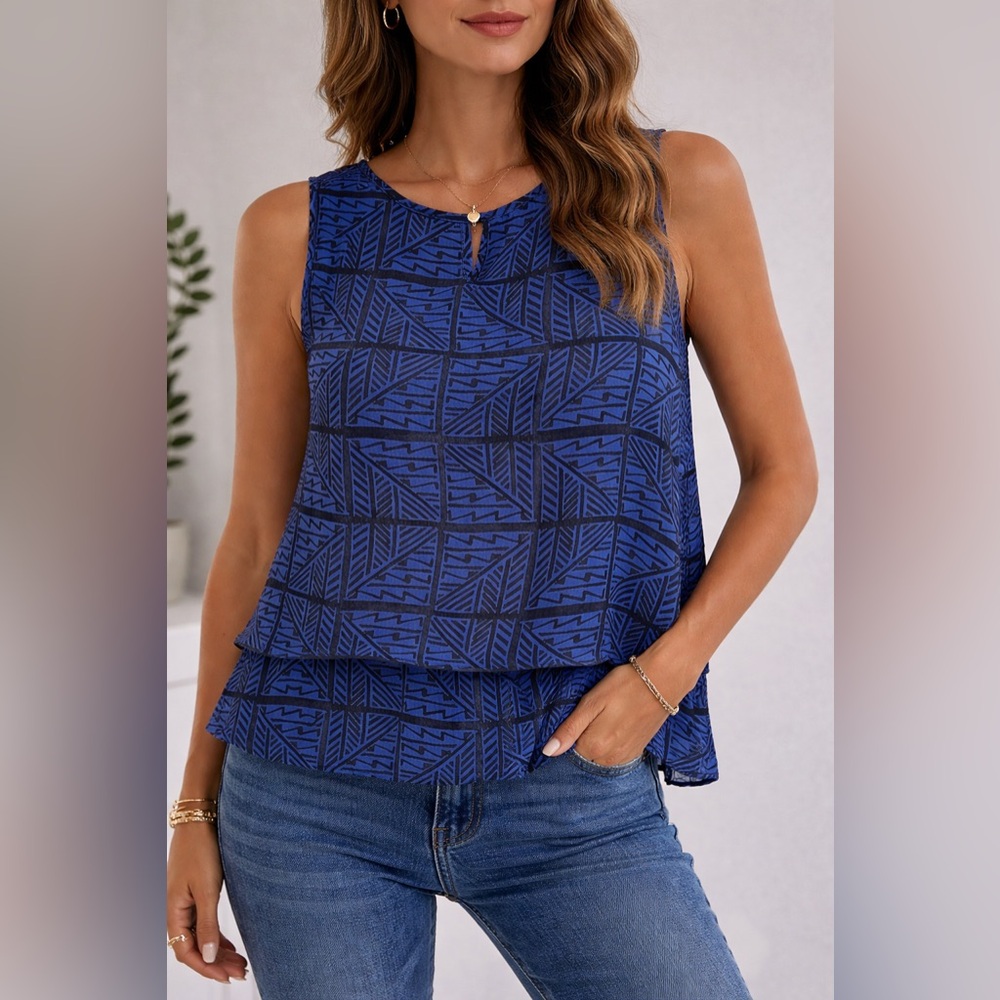 Lucky Brand Navy Geometric Sleeveless Blouse
